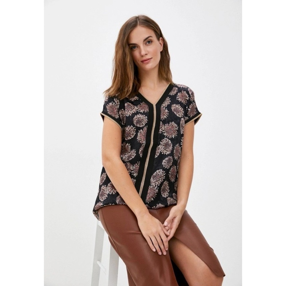 Perla Blanca Womens Black Floral V-Neck Short Sleeve Blouse Size M NWT